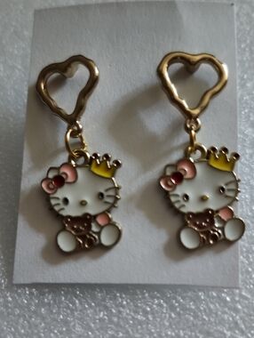 Hand Crafted Gold Kitty Crown Drop Earrings with Pink Accents